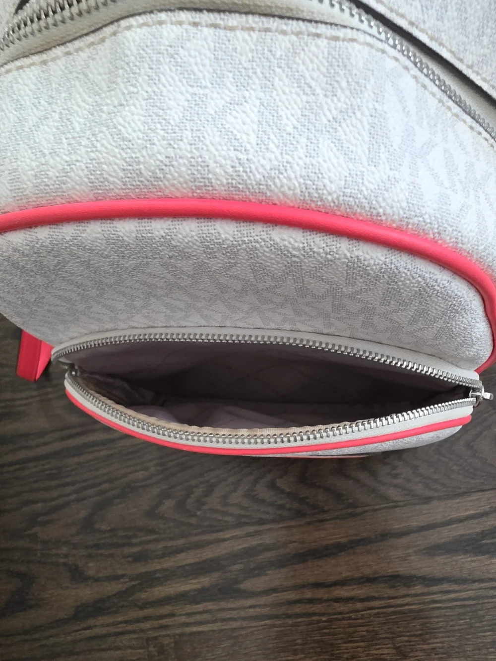Michael Kors Signature Abbey Backpack in White with Hot Pink Accents